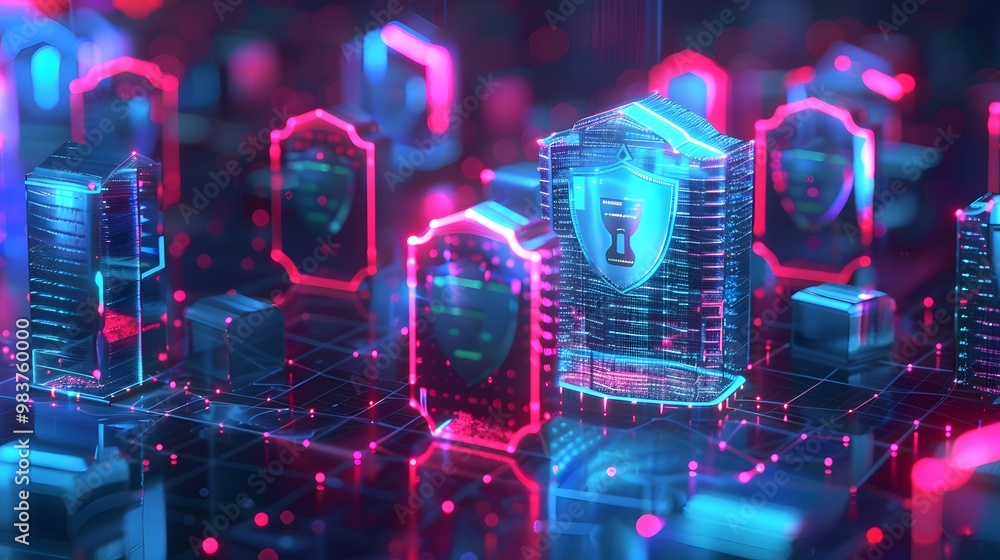 Poster a secure, digital fortress protecting data across integrated systems, with layers of glowing data sh