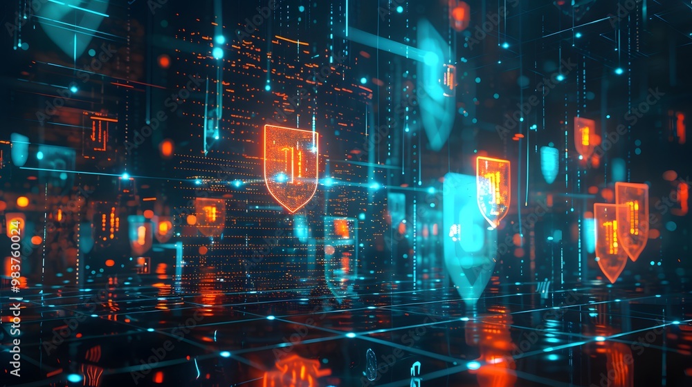 Poster a secure, digital fortress protecting data across integrated systems, with layers of glowing data sh