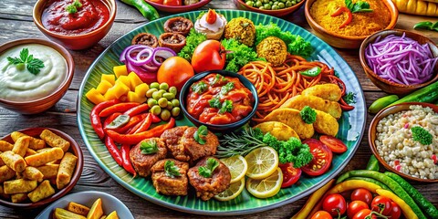 Fototapeta premium A playful, colorful food platter featuring an assortment of tasty dishes and appealing ingredients, ideal for design