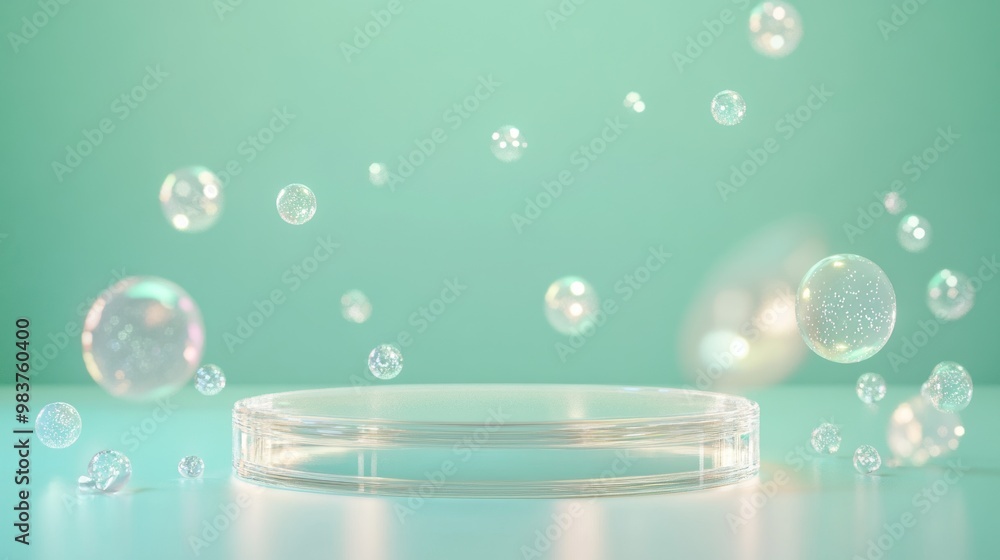 Poster a serene scene featuring floating bubbles above a clear platform against a soft turquoise backdrop.