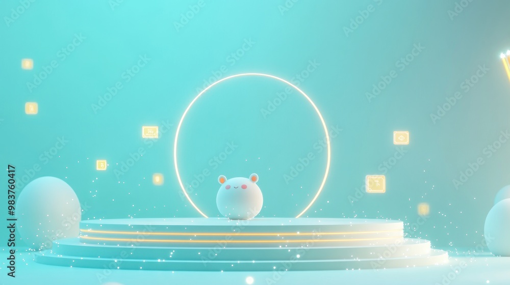 Poster a cute animated character stands on a podium surrounded by glowing elements in a serene setting.