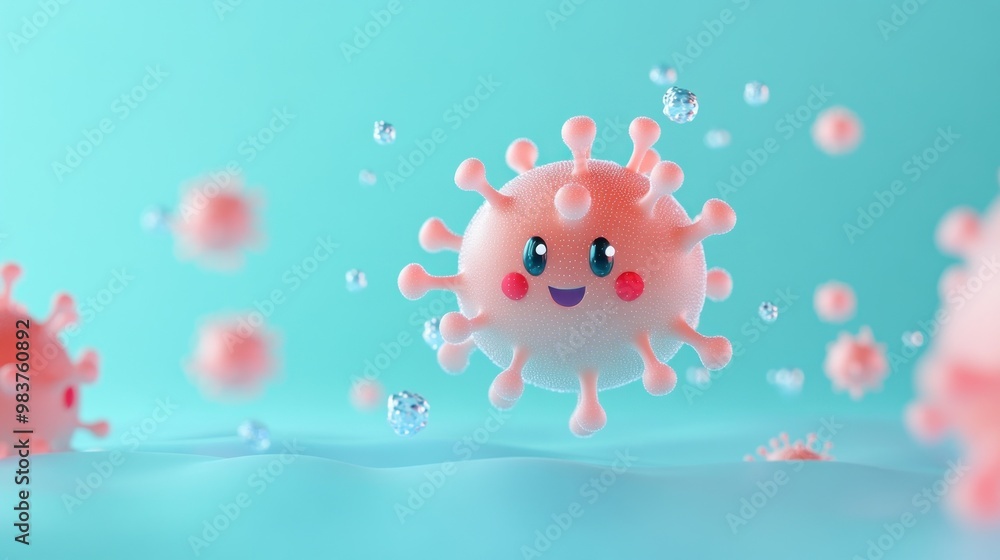 Poster a cheerful cartoon representation of a virus with a smiling face and bubbles in a colorful backgroun