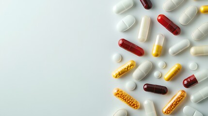 Colorful Pills and Capsules Scattered on White Background