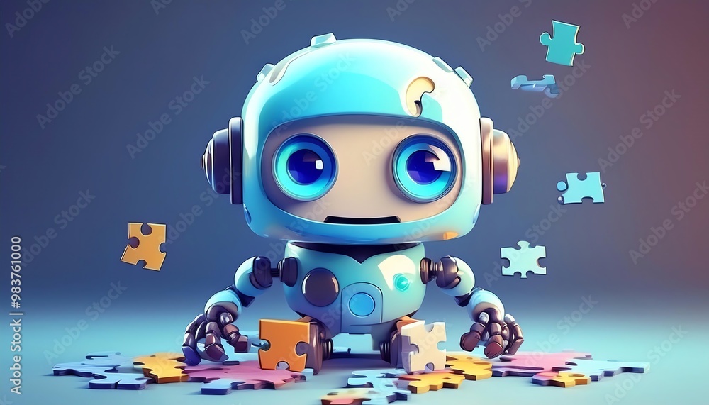 Poster a cute robot with large eyes sits surrounded by colorful puzzle pieces, symbolizing curiosity and pr