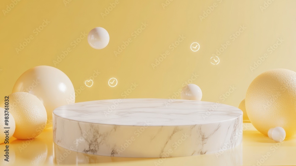Poster a minimalist display featuring a marble platform and soft yellow background with floating spheres.