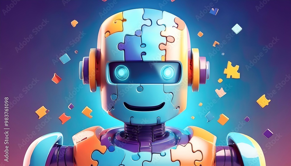 Aufkleber a colorful robot with a puzzle-like design and glowing eyes, surrounded by floating puzzle pieces, r