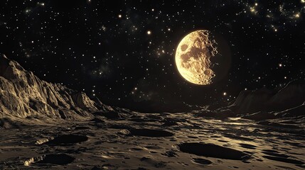 A View of the Lunar Surface Under a Waning Gibbous Moon and a Starry Sky