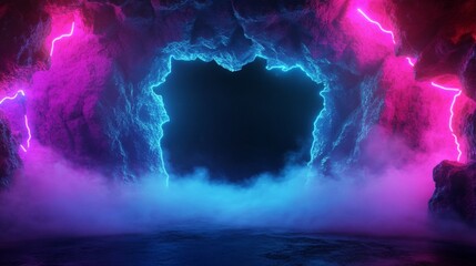 Neon frame in the wall with a hole. A neon light portal with vibrant pink and blue colors surrounded by thick smoke, set against a textured wall.