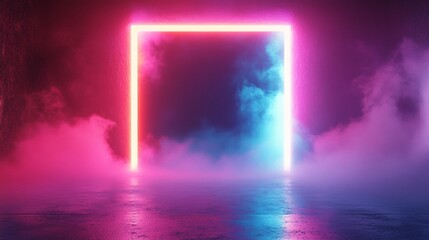 Fototapeta premium Neon frame in the wall with a hole. A neon framed doorway glowing in pink light, with smoke billowing through a broken wall, creating a surreal and futuristic background