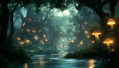 Fototapeta premium A mystical forest with glowing mushrooms, winding rivers, and floating islands, creating a magical and otherworldly feel