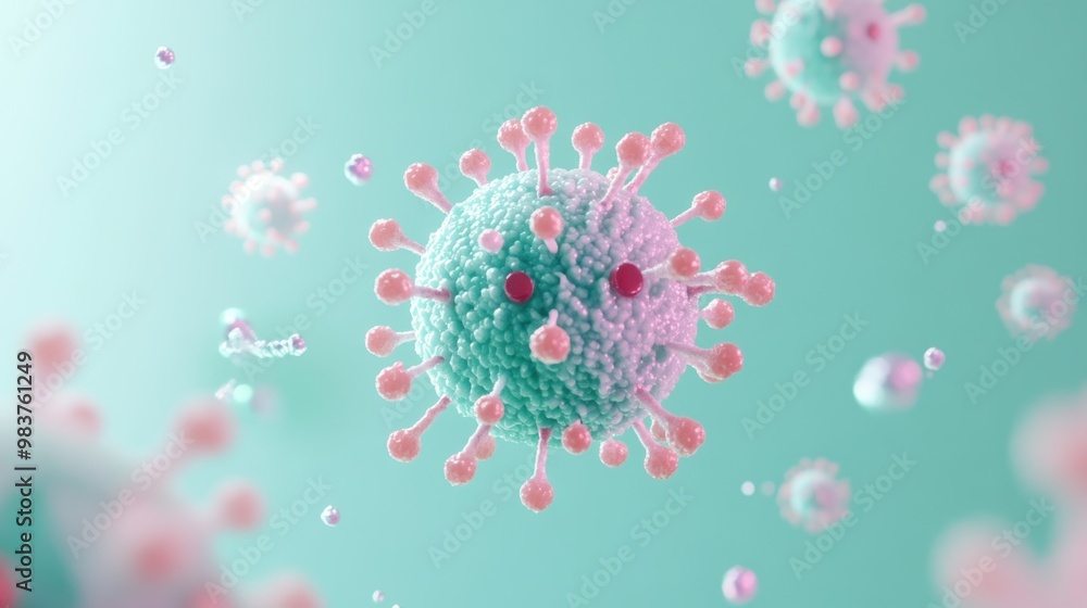 Poster a digital representation of a virus, illustrating its structure and components.