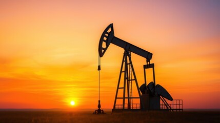 Oil Pump Jack Silhouette Against Sunset Background