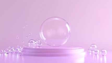 A translucent bubble on a pedestal surrounded by smaller bubbles in a soft pink setting.
