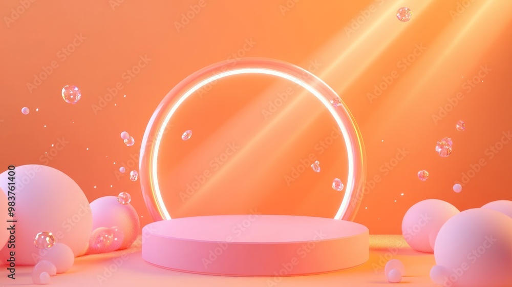 Poster a minimalistic scene with a glowing circular frame and soft spheres in a warm gradient background.