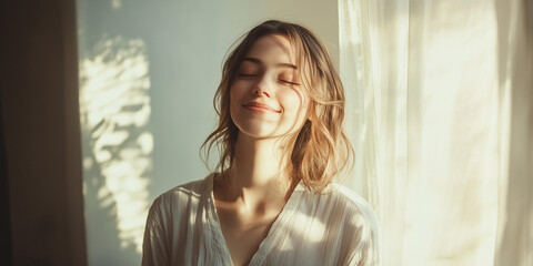 a woman standing by a window, gently bathed in soft morning sunlight