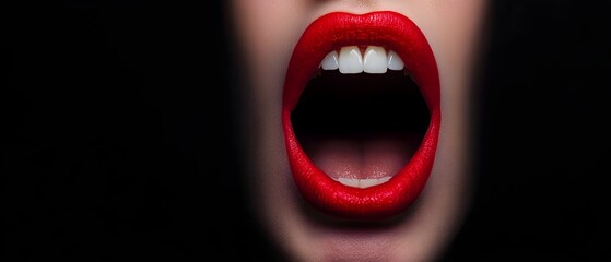 A close-up of a wide-open mouth displaying bright red lips against a dark background, conveying intensity and emotion.