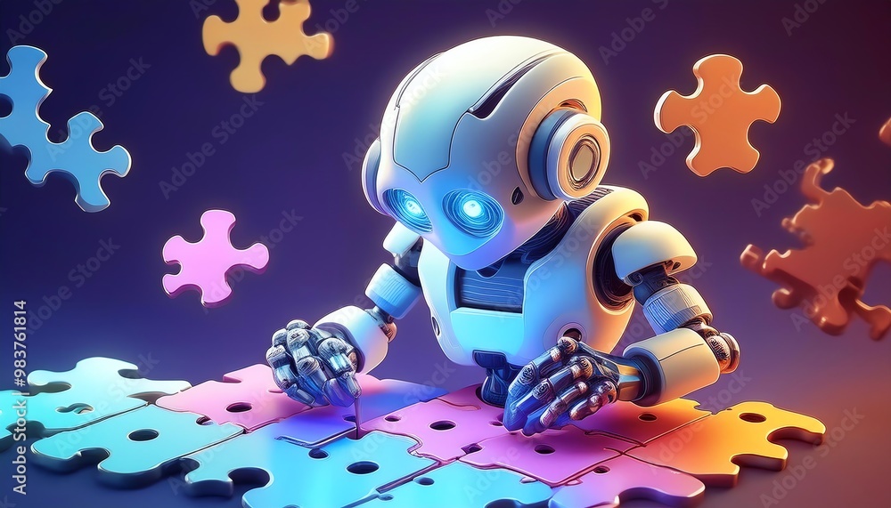 Poster a futuristic robot assembling colorful puzzle pieces in a vibrant, illuminated environment.