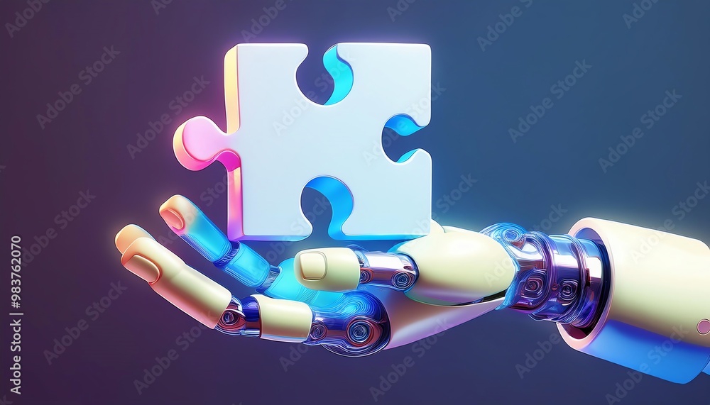 Poster a robotic hand holding a glowing puzzle piece against a gradient background, symbolizing technology 