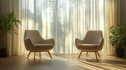 Modern therapy office, calming and professional atmosphere, two chairs facing each other, soft natural light
