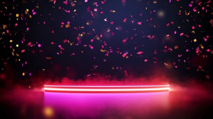 Obraz premium Purple podium illuminated by spotlights, surrounded by floating dark pink confetti falling from above