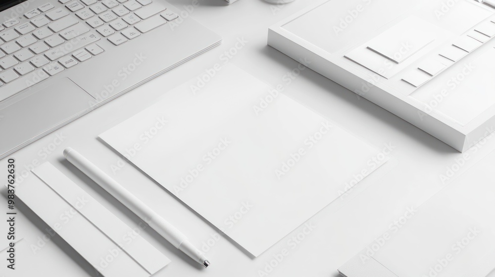Poster a minimalist workspace featuring stationary and a keyboard for productivity and organization.