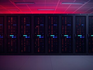 A modern data center featuring rows of server racks illuminated with colorful lights, showcasing technology and digital infrastructure.