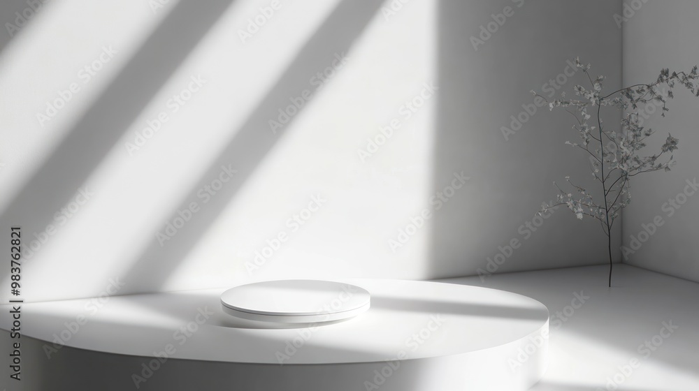 Sticker A minimalist interior scene featuring a circular platform and a delicate plant in soft light.