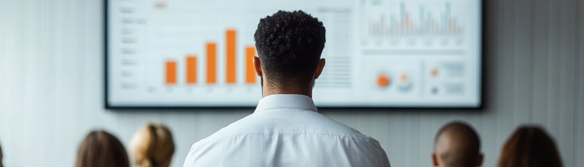 A professional giving a presentation while viewers observe displayed data on a large screen in a modern conference room.