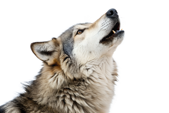 Wolf howling with mouth open isolated on transparent background