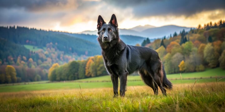 A solitary black Alsatian stands watchful in the field, its alert posture and intense stare fixed on the