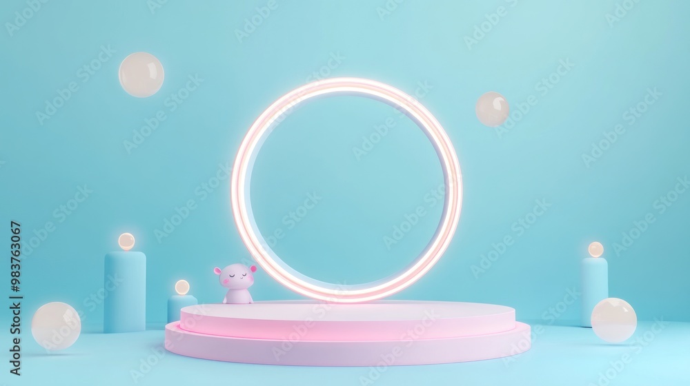 Poster a whimsical 3d scene featuring a cute character and glowing circular display.
