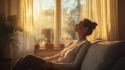 Relaxed therapy session with client sitting comfortably on sofa in soft evening light-filled atmosphere