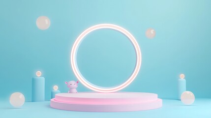 A whimsical 3D scene featuring a cute character and glowing circular display.