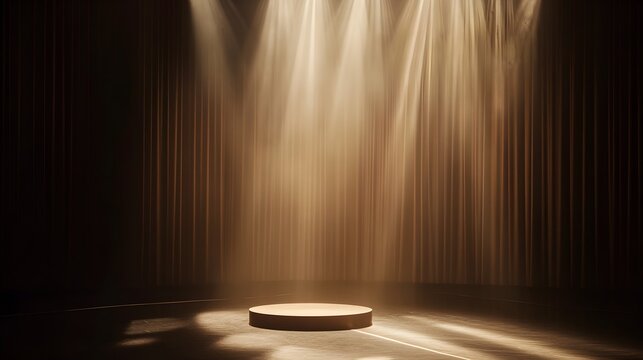 A simple yet refined stage setting with a focused golden spotlight, gentle shadows forming around the edges, evoking a sense of warmth and elegance in a serene atmosphere 