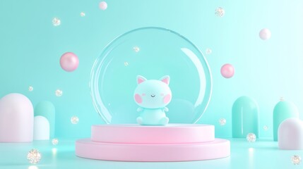 A cute pastel-colored cat figurine inside a glass dome, surrounded by soft shapes and bubbles.