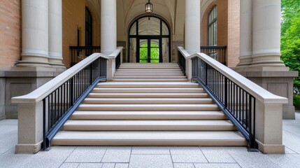 Obraz premium Elegant Stone Staircase Leading to Building Entrance with Symmetrical Columns and Lush Greenery