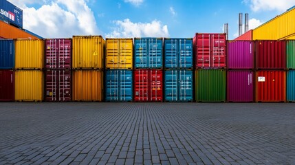 Fototapeta premium Colorful Shipping Containers Stacked in Industrial Port with Blue Sky