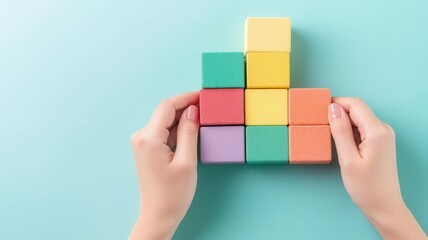 Hands arranging colored blocks representing objectives, symbolizing structured planning and process optimization, Structured Planning, Objective Alignment