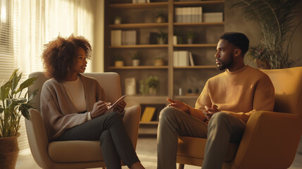 Therapist and client in cozy minimalist office engaging in conversation in calm supportive environment