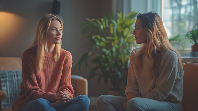 Therapist and client in cozy minimalist office focusing on conversation in calm supportive environment