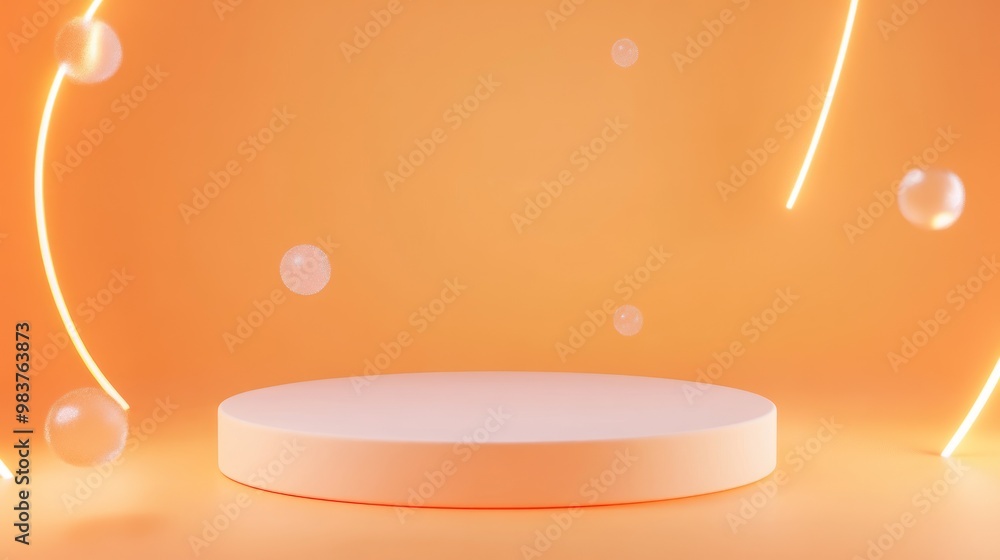 Poster a minimalist stage with an orange backdrop and floating bubbles for presentations or displays.