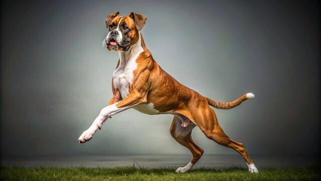 A stout brown and white boxer dog postures on its hind legs, its tail aloft in a joyful