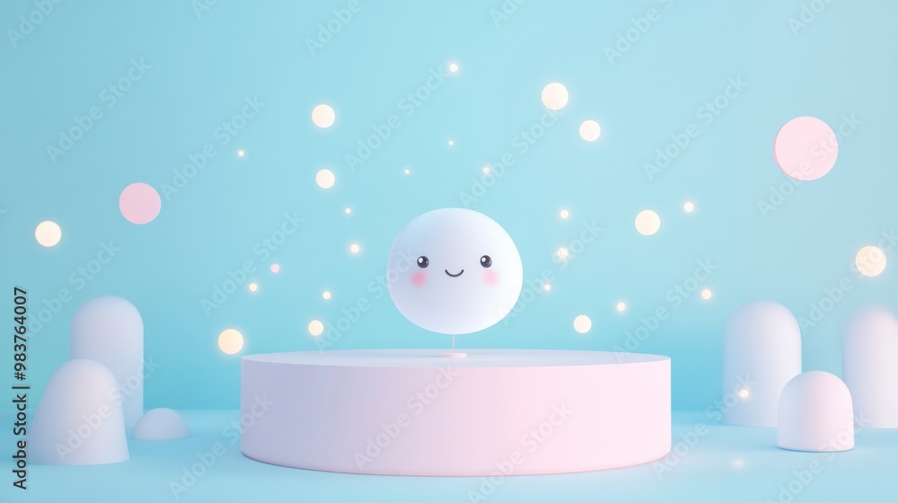 Poster a cute, smiling character on a pastel podium with soft shapes and sparkles around it.
