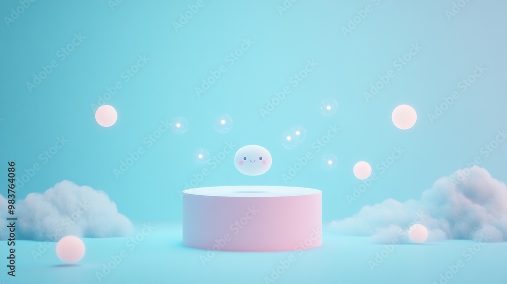 Poster a whimsical scene featuring a floating character surrounded by soft clouds and glowing orbs.
