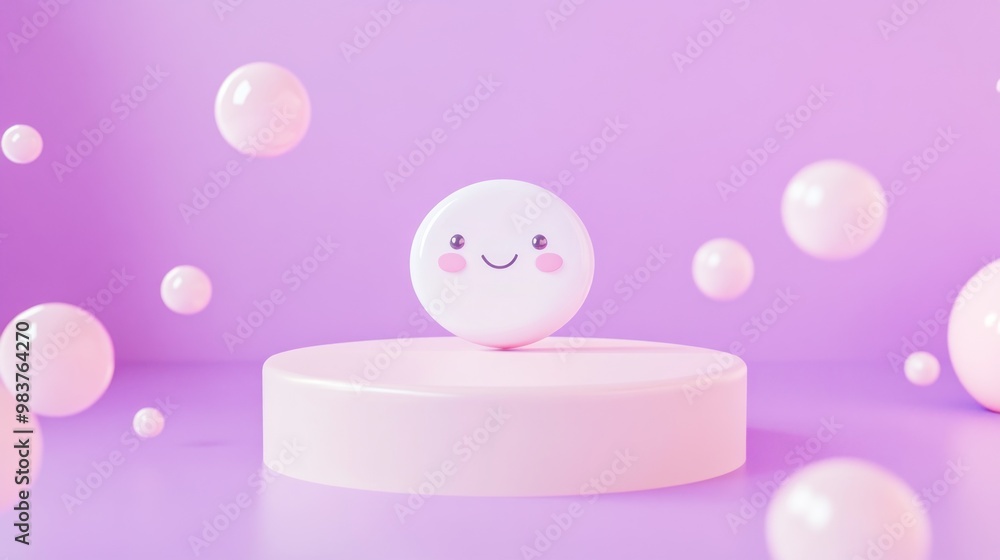 Poster a cute smiling character on a pastel platform with floating bubbles.