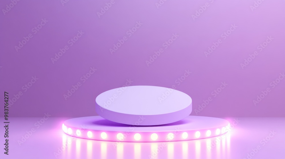 Poster a minimalist display platform with a floating circular object and purple lighting.
