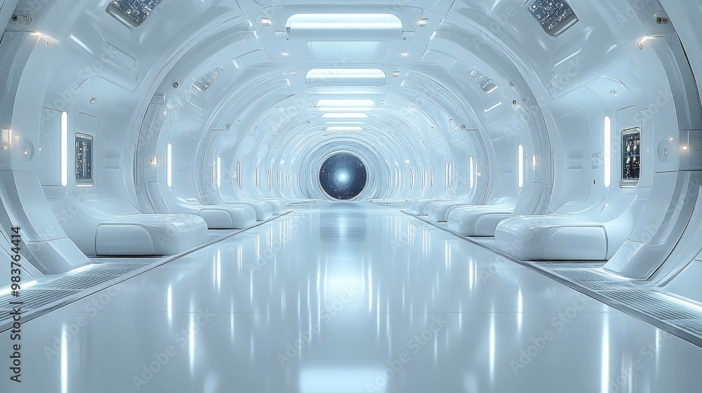 Poster futuristic corridor with sleek design and glowing elements.