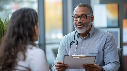 Therapist discussing with client while holding clipboard in calm modern office with soft ambient lighting