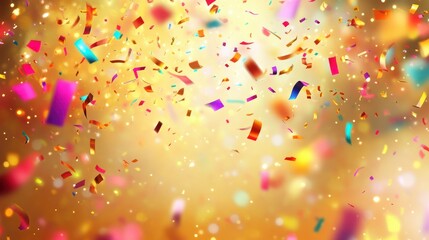A festive and colorful party with flying neon confetti on a golden background