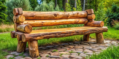 A tranquil scene unfolds around the weathered log bench, adorned with rustic charm, as nature's serenity washes over